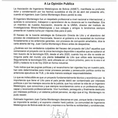 A La Opinión Publica – Juan Carlos Montenegro Bravo – AIMET